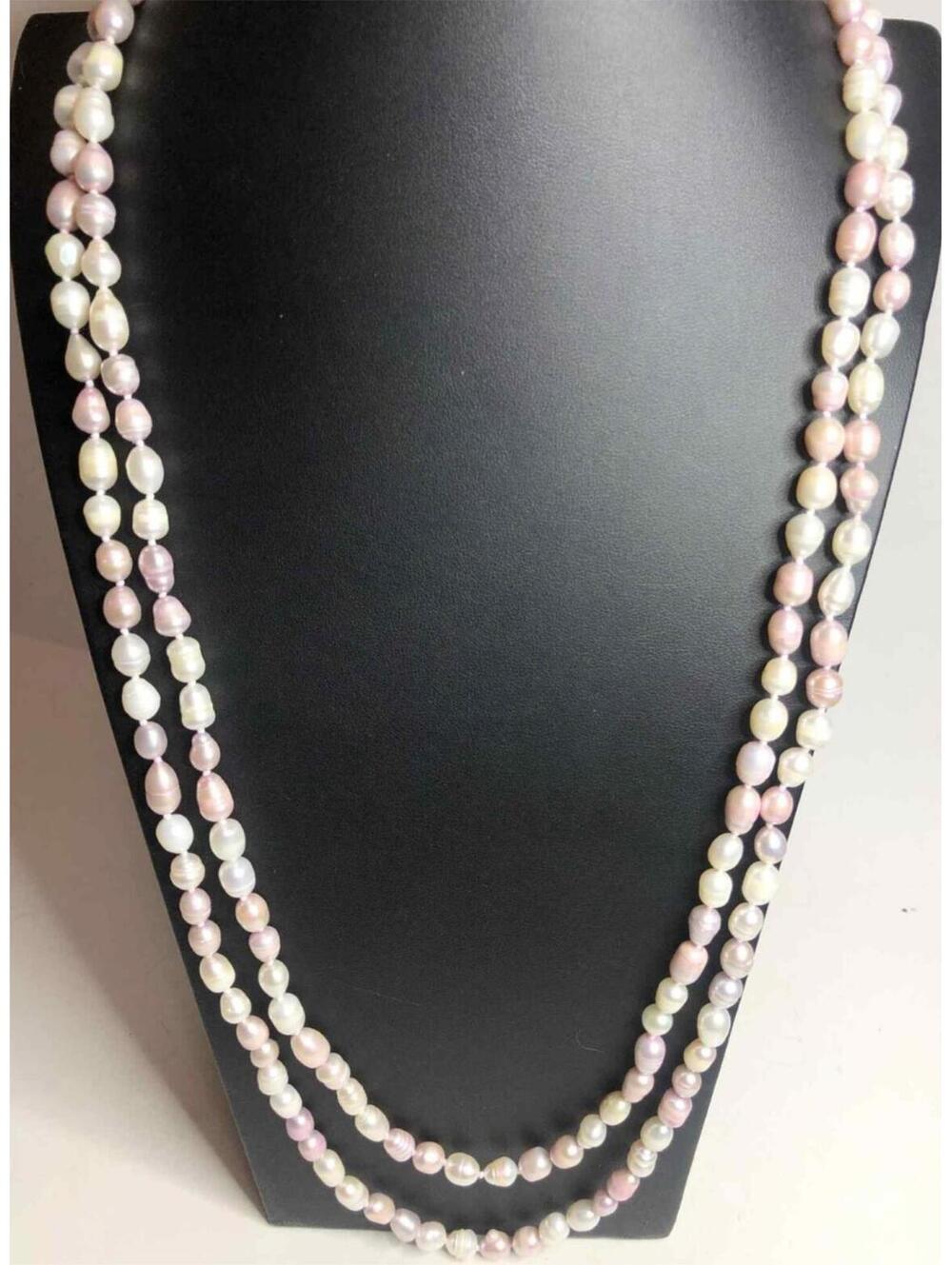 5809 Silver silver 925 soft pink pearl Hand knotted Necklace marked GSJ 64” long